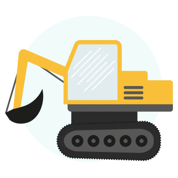 Simplified illustration of a yellow excavator with a large bucket attachment, set against a soft blue circular background with minimal detail.
