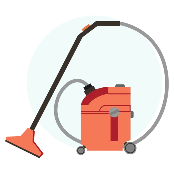 Flat digital illustration of an orange wet-dry vacuum with a flexible hose and wheels, set against a soft blue circular background.