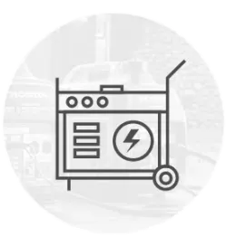 Monochrome line drawing of a portable generator with control knobs and an electric power symbol, set against a faint circular background.