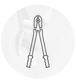 Outline illustration of bolt cutters with angled jaws and textured handles, set against a soft circular background with subtle tool motifs.