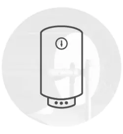 Minimalist black line drawing of a wall-mounted heating tank with a round gauge at the top and three control buttons at the bottom, set against a muted circular background.