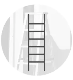 Simple monochrome icon of a straight ladder with evenly spaced rungs, set against a translucent circular background showing faint ladder shadows.