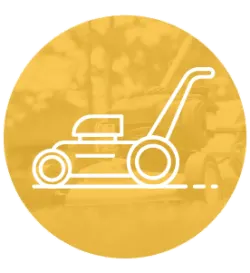 Simplified white line drawing of a lawn mower set against a warm golden circular background with faint outdoor textures.
