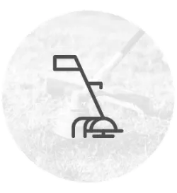 Minimalist icon of a lawn mower outlined in black, set against a faint circular background showing subtle grass texture.