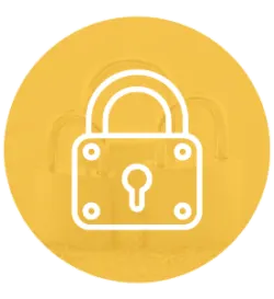 White line drawing of a closed padlock centered on a solid golden yellow circular background with faint overlapping lock outlines.