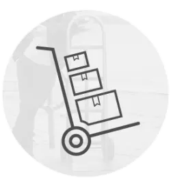 Monochrome line icon of a hand truck carrying stacked boxes, set against a translucent circular background with a faint image of a person moving items.