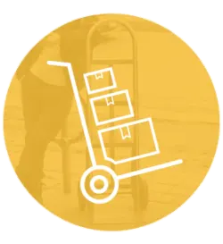 Minimalist white line drawing of a hand truck loaded with stacked boxes, set against a warm yellow circular backdrop with subtle moving-related textures.