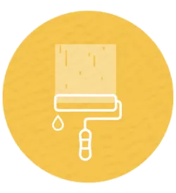 Minimalist white line drawing of a paint roller with dripping paint, centered on a warm yellow circular background with subtle textured details.