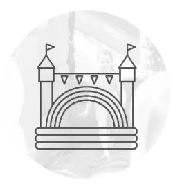 Simple line drawing of an inflatable bounce house with flags on top, set against a light circular background with faint shadows.