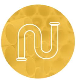 Round yellow icon with a white outlined plumbing pipe shaped in a U-bend, set against a textured background resembling a honeycomb pattern.