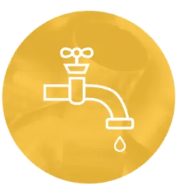 White line drawing of a faucet with a single drop of water falling from the spout set against a textured golden circular background