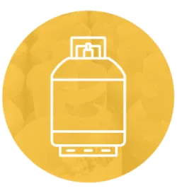 Simplified white line drawing of a propane tank with a valve handle, set against a warm golden circular background with subtle textured details.