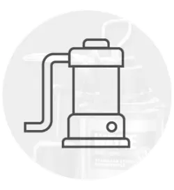 Monochrome line drawing of a water pump icon with a curved outlet pipe, set against a light circular background with subtle tool-related patterns.