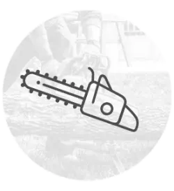 Black line drawing of a chainsaw with detailed chain teeth and handle, placed over a faint circular background showing subtle construction activity.