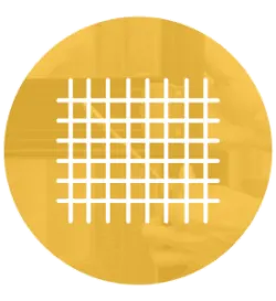 White line drawing of a square wire mesh grid centered on a golden circular background with subtle construction and home improvement textures.