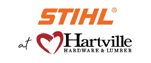 Bold orange STIHL logo above a stylized red heart and black text reading 