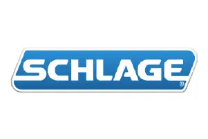 Blue and white logo featuring the word Schlage in bold uppercase letters inside an elongated hexagonal shape with rounded corners