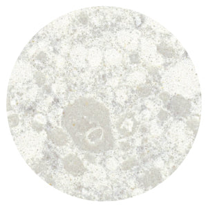 Circular close-up of a light gray and off-white textured surface with irregular, cloud-like patterns and a soft matte finish.