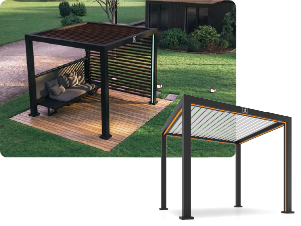 Open outdoor shelter with a dark metal frame and adjustable slatted roof over a wooden deck, featuring a cushioned bench, set in a green lawn.