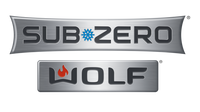 Sub-Zero and Wolf logos with metallic silver backgrounds, featuring bold black text, a blue snowflake symbol, and a red flame accent on a polished metal surface.