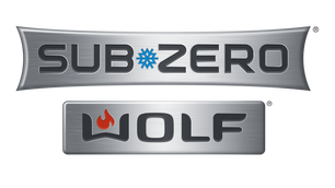 Sub-Zero and Wolf logos with metallic silver backgrounds, featuring bold black text, a blue snowflake symbol, and a red flame accent on a polished metal surface.