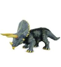 Small detailed figurine of a quadruped dinosaur with a large frill and three prominent facial horns, standing on a white background.