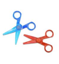 Two pairs of plastic scissors, one blue and one red, each with rounded safety tips and matching handles, isolated on white background.