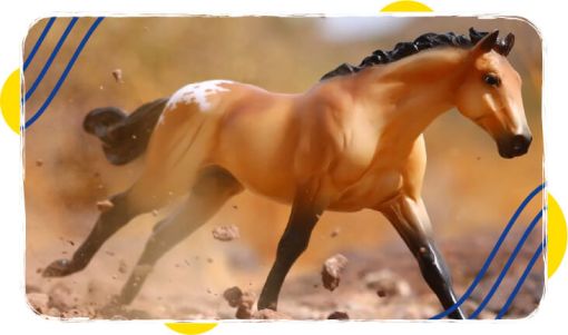 Detailed close-up of a brown horse figurine galloping on a dusty surface with a blurred natural background, framed by yellow and blue graphic accents.