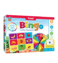 Colorful Food Bingo game box featuring a spinner wheel and bingo cards with various illustrated fruits and vegetables, designed for educational play.