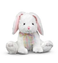 White plush bunny with floppy ears featuring pink inner linings and a pastel-colored checkered ribbon around its neck, sitting upright.