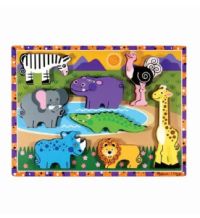 Wooden puzzle featuring colorful animal-shaped pieces including a zebra, elephant, hippopotamus, ostrich, giraffe, rhinoceros, lion, and crocodile on a patterned background.