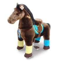 Plush brown toy horse with black mane and tail, featuring a blue and yellow saddle and colorful leg wraps on a white background.