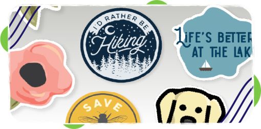 Assorted colorful stickers featuring nature and outdoor themes, including a hiking badge, a lake scene with a sailboat, and a dog illustration.