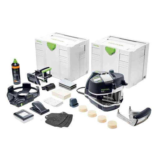 Festool 574616 KA 65 CONTURO Edge Bander Set with tools, accessories, and storage cases for home improvement projects.