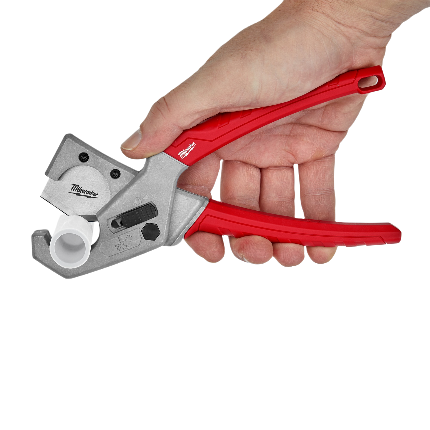 Red-handled Milwaukee tubing cutter with stainless steel replaceable blade cutting 1-inch plumbing tubing