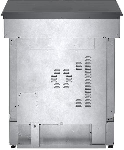 Back view of 30-inch black stainless steel induction slide-in range with ventilation slots and metal housing panel