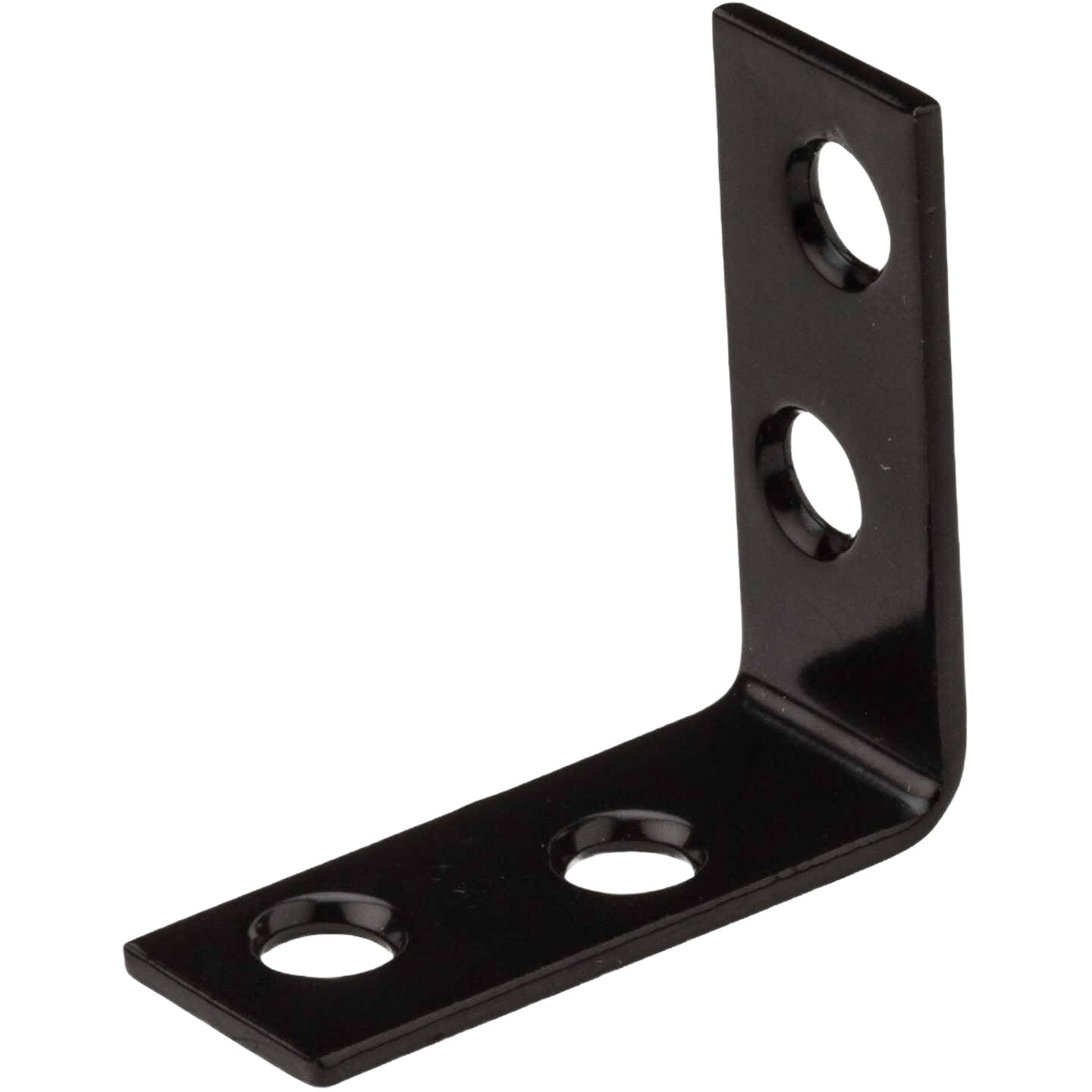 Black metal corner brace with countersunk screw holes for reinforcing right angle joints in building hardware collections under $50