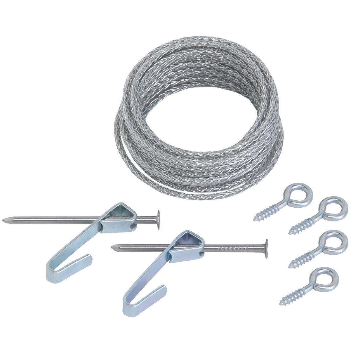 Durable picture hanging wire set with heavy-duty hooks and screw eyes for home improvement and hardware projects under $50