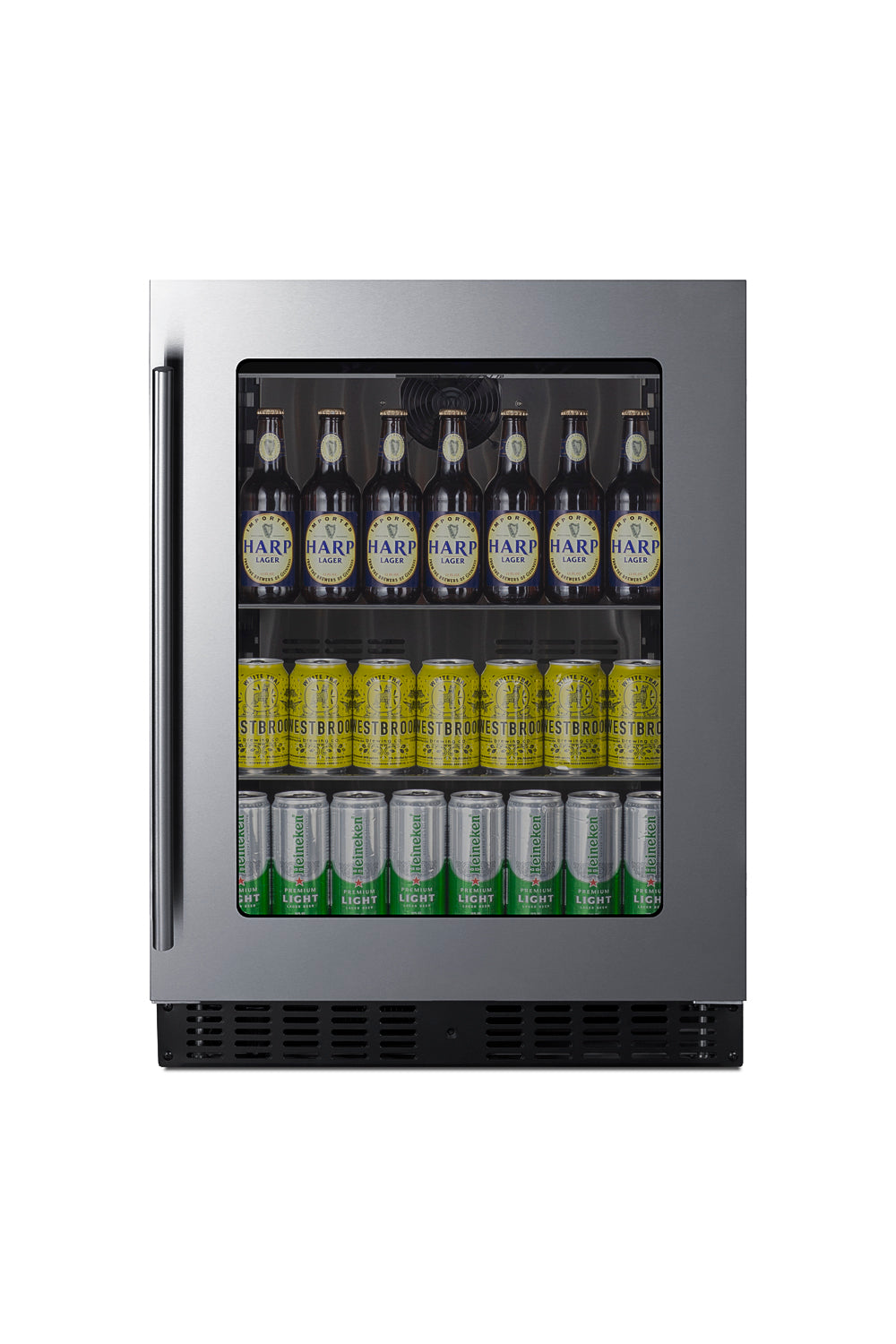 Stainless steel built-in beverage center with glass door, stocked with beer bottles and canned drinks on three shelves