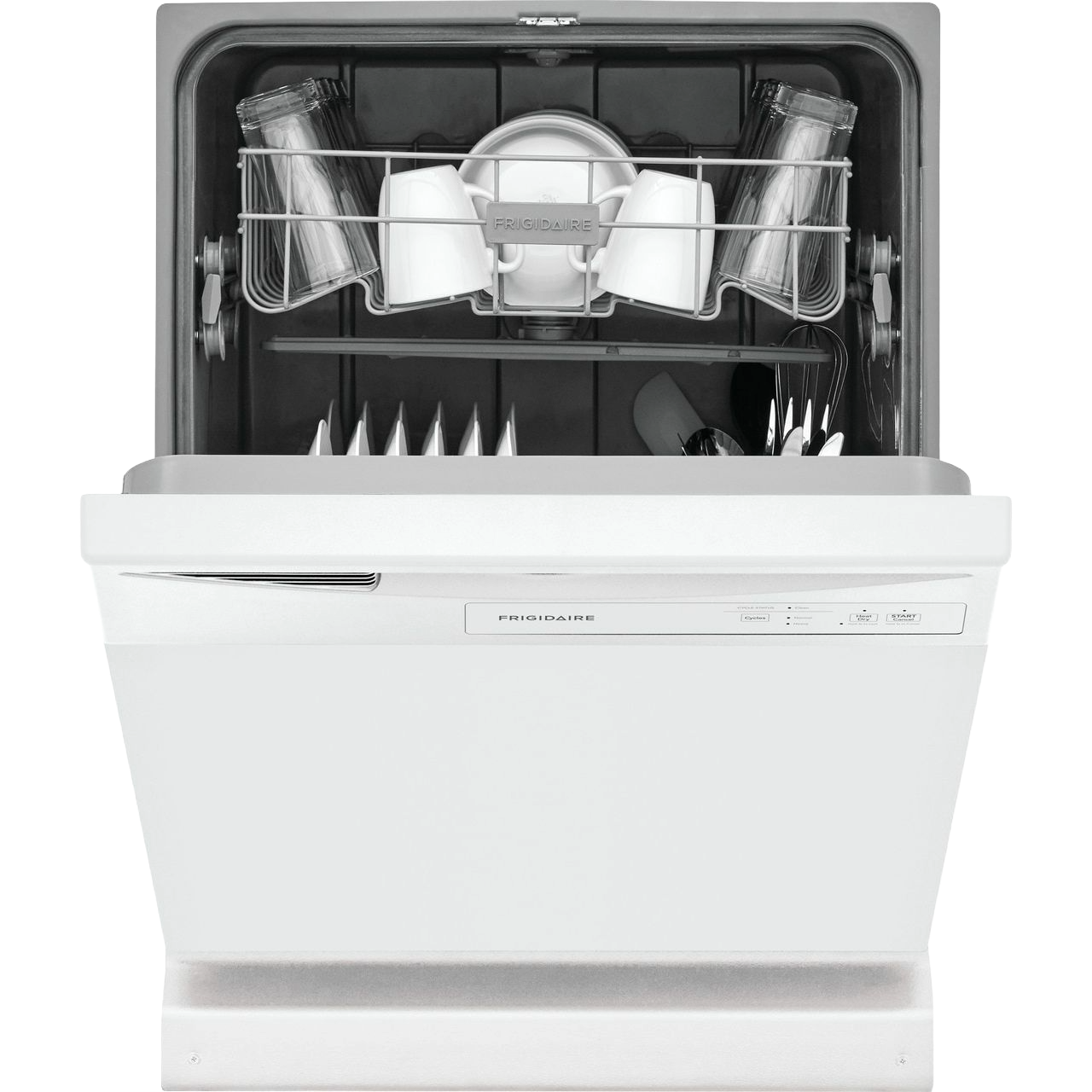 White built-in dishwasher with open door showing organized racks and clean dishes in kitchen appliance collection