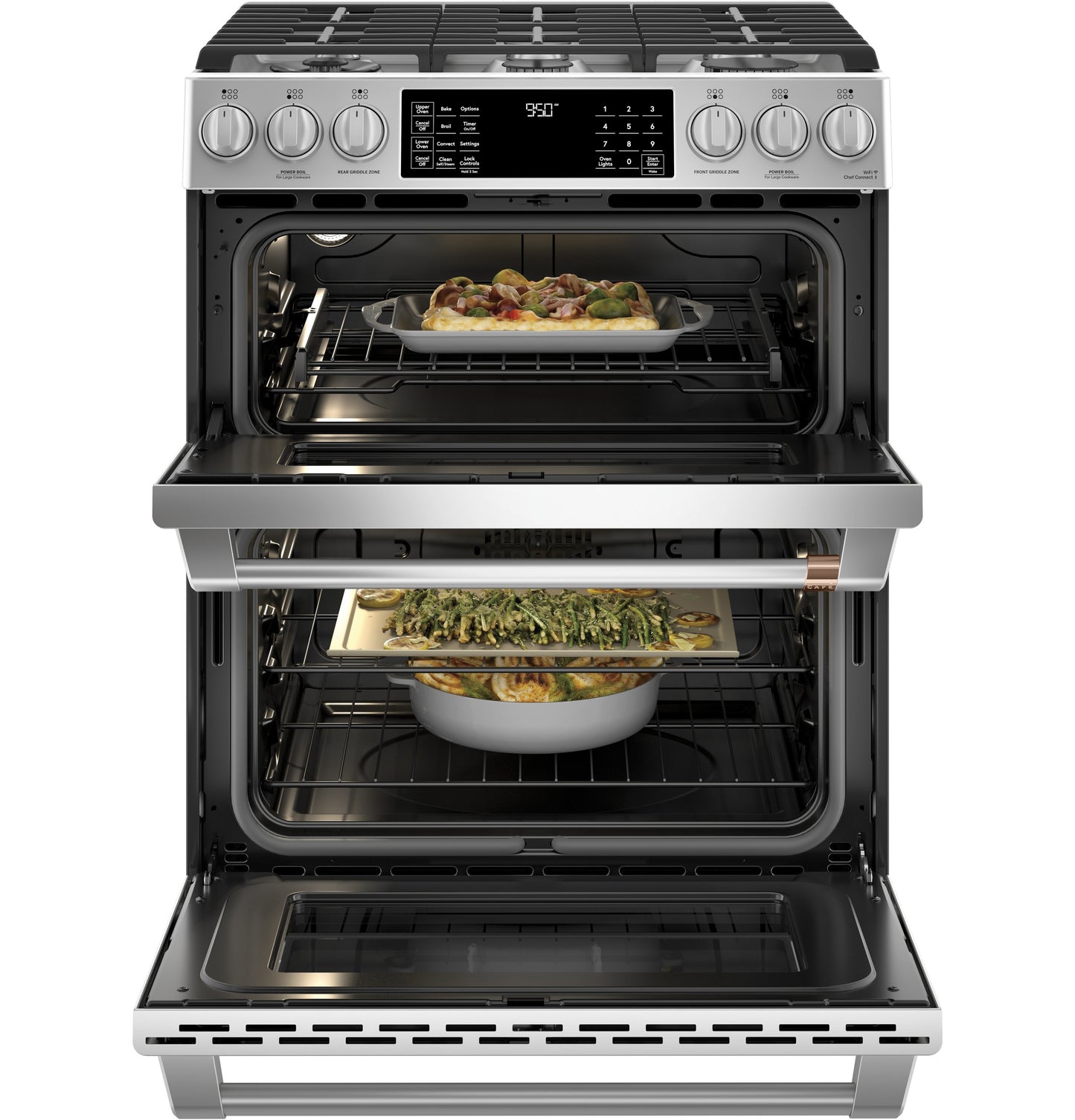 Stainless steel double-oven range with convection cooking, front controls, and food baking inside in kitchen appliances collection