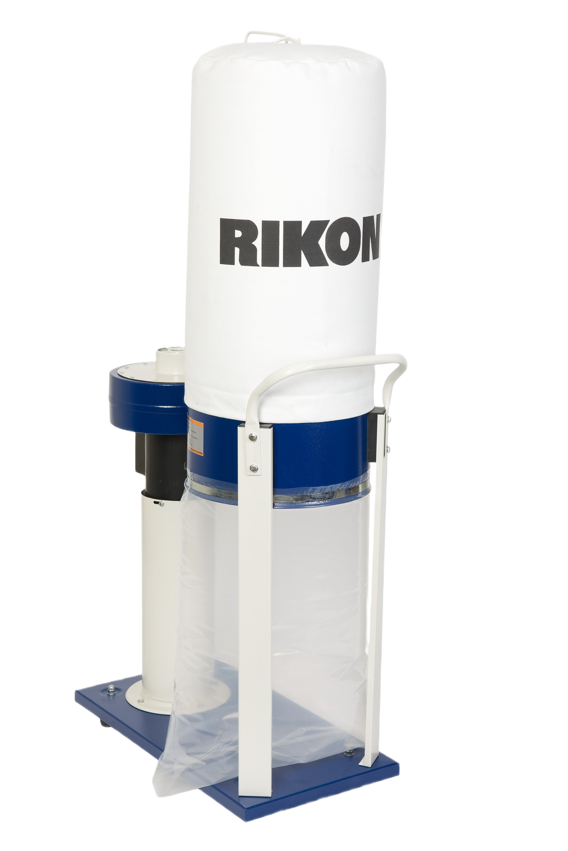 Industrial dust collector with white fabric filter bag and clear plastic collection bin for workshop dust control