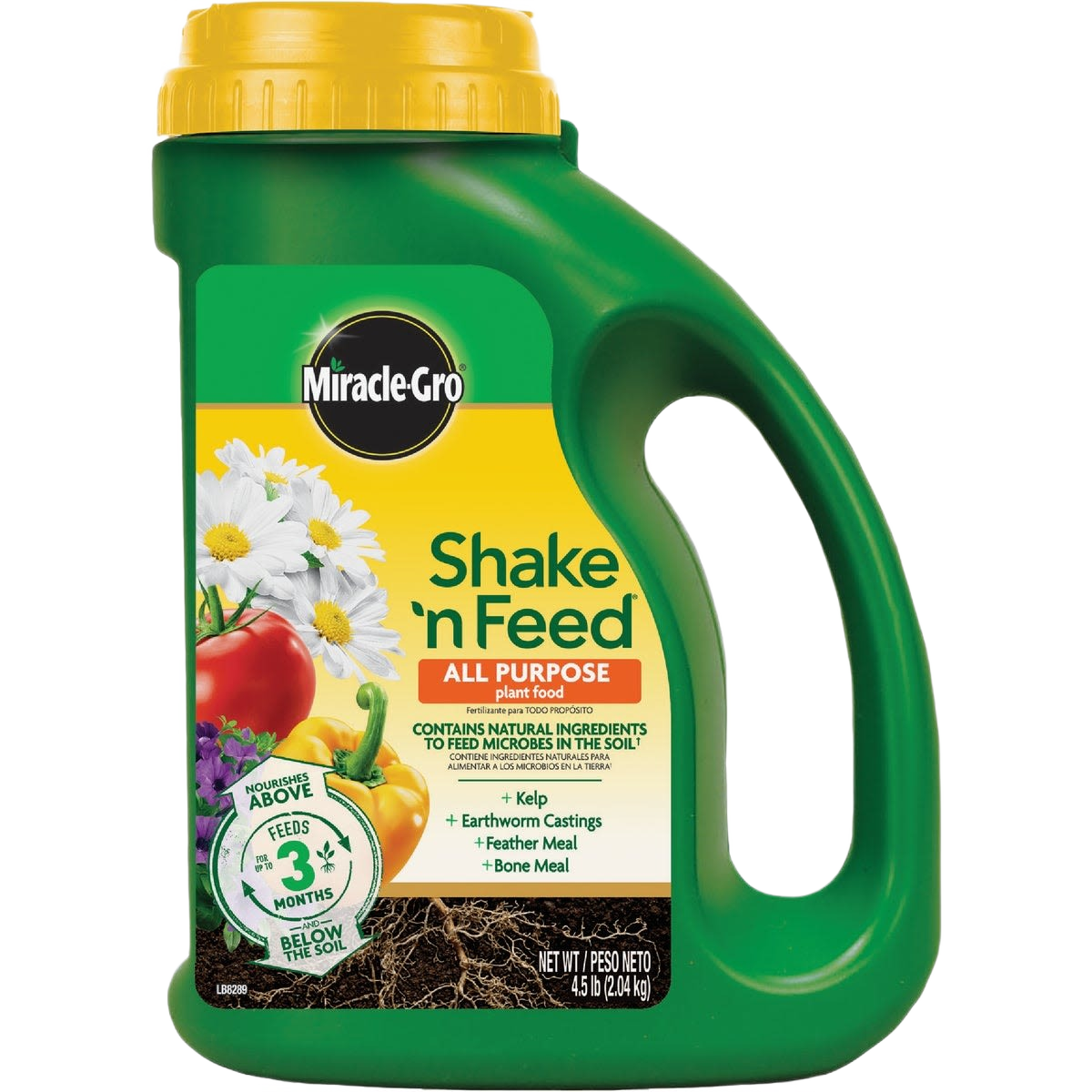 Green plastic container of Miracle-Gro all purpose plant food with yellow cap and garden plant illustrations