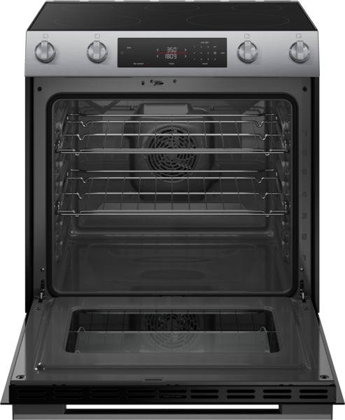 Stainless steel electric freestanding range with open oven door, two racks, and control knobs in kitchen setting