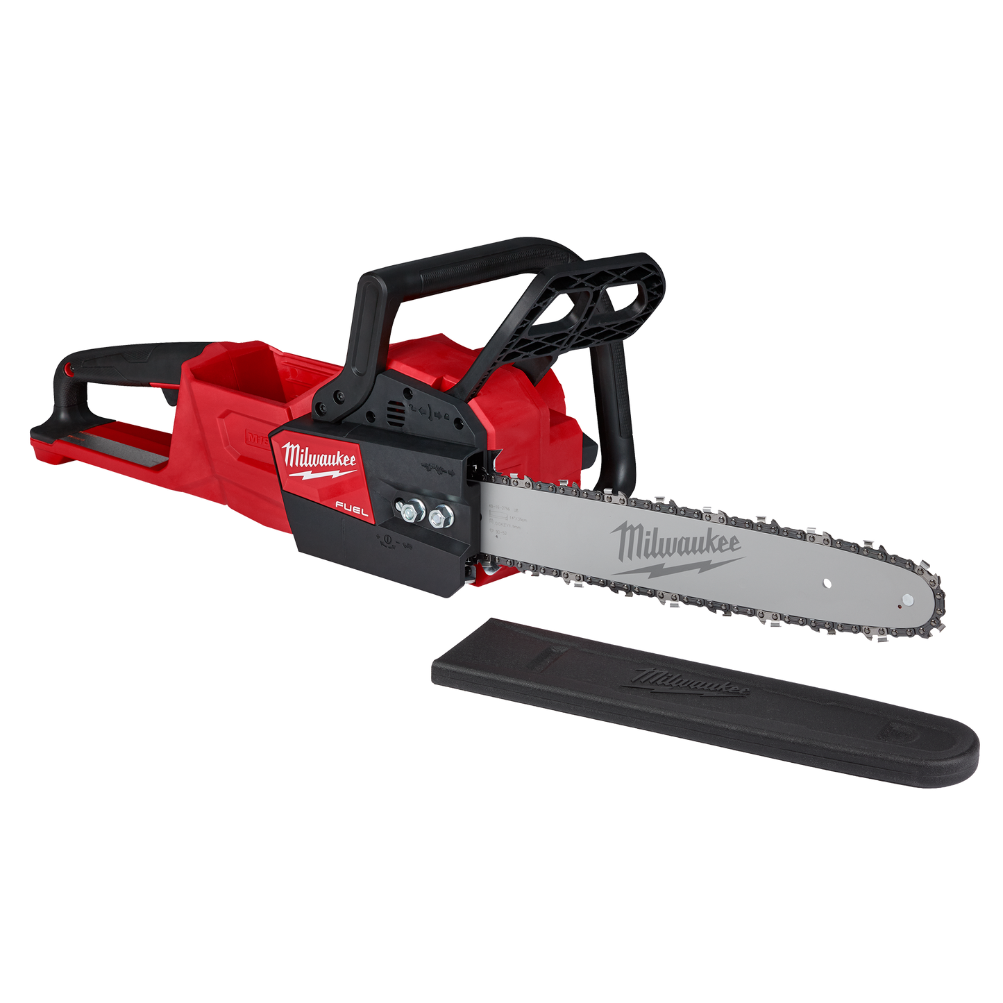 Red and black cordless 14-inch chainsaw with blade cover for outdoor power tools and lawn equipment collections