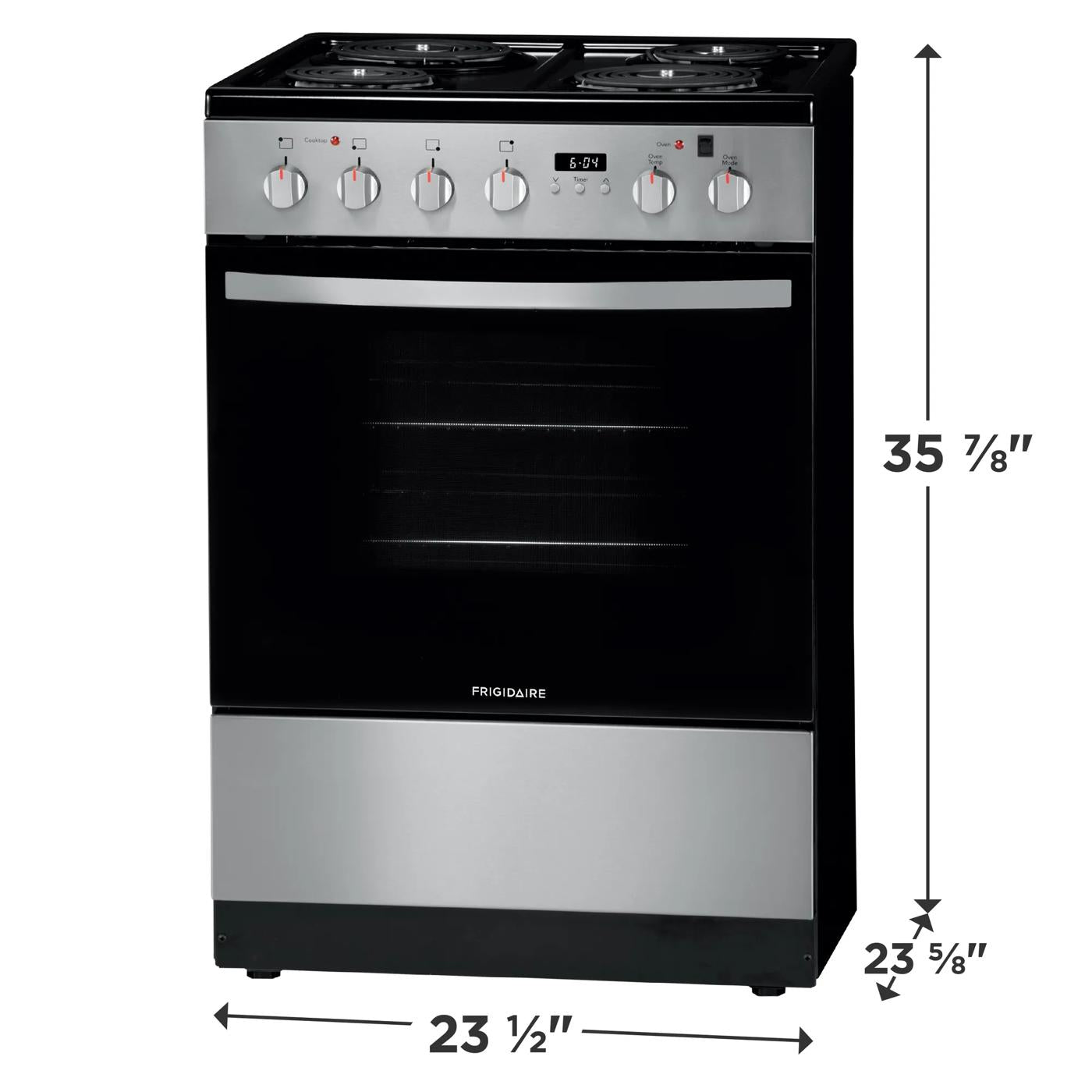 Freestanding electric range in stainless steel and black with coil burners and digital control panel for compact kitchens
