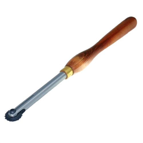 Woodworking texturing tool with wooden handle and metal serrated wheel for adding decorative patterns in home improvement projects