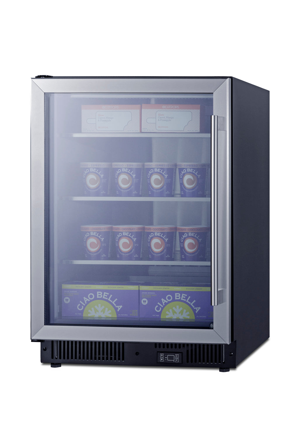 Commercial undercounter display freezer with glass door showcasing frozen products in Freezers & Ice Makers collection