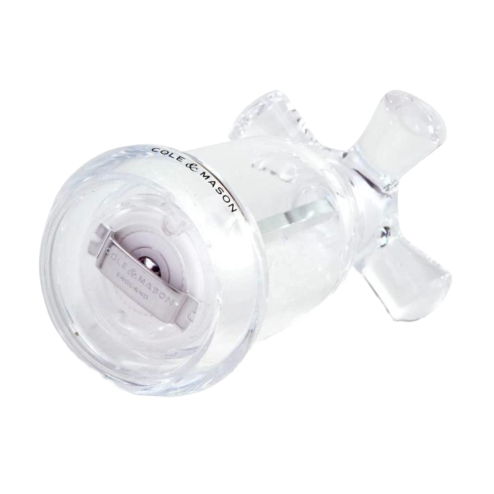 Clear acrylic salt mill with cross handle featuring adjustable grinding mechanism for Kitchenware and Home Improvement collections
