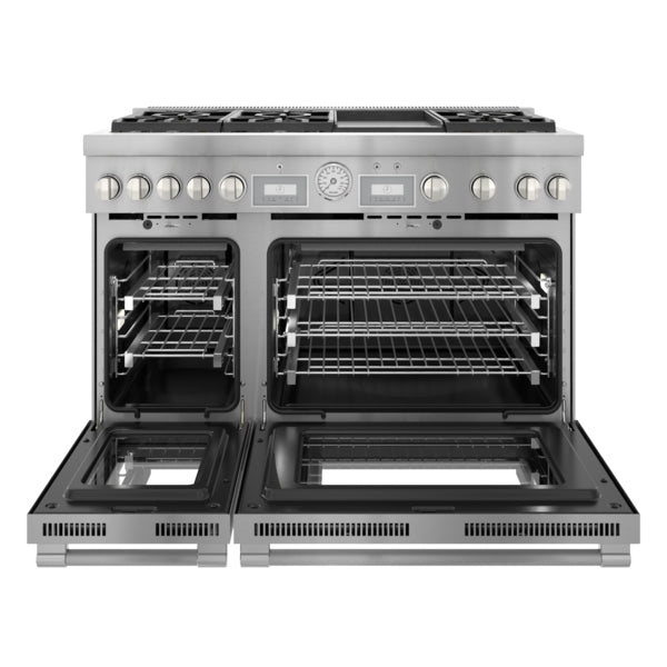 Front view of large stainless steel dual oven professional range with open doors and multiple racks from Ranges collection